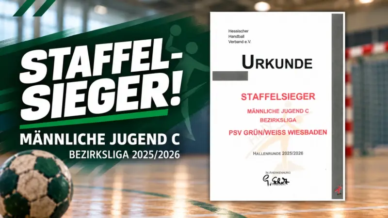 Banner „Staffelsieger! Männliche Jugend C, Bezirksliga 2025/2026" mit der Urkunde des Hessischen Handball-Verbands